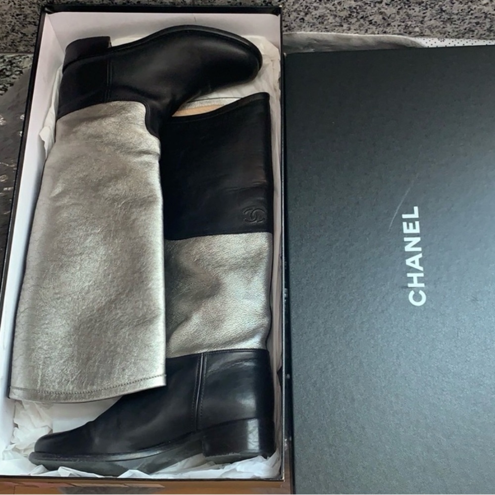 CHANEL Black and Silver Leather Boots Runway Made in Italy